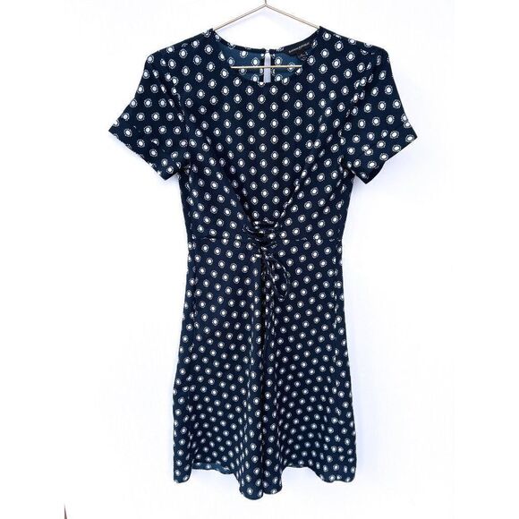 Banana Republic Factory Navy Blue Short Sleeve White Dot Print Lace Up Dress 0 - Picture 1 of 8